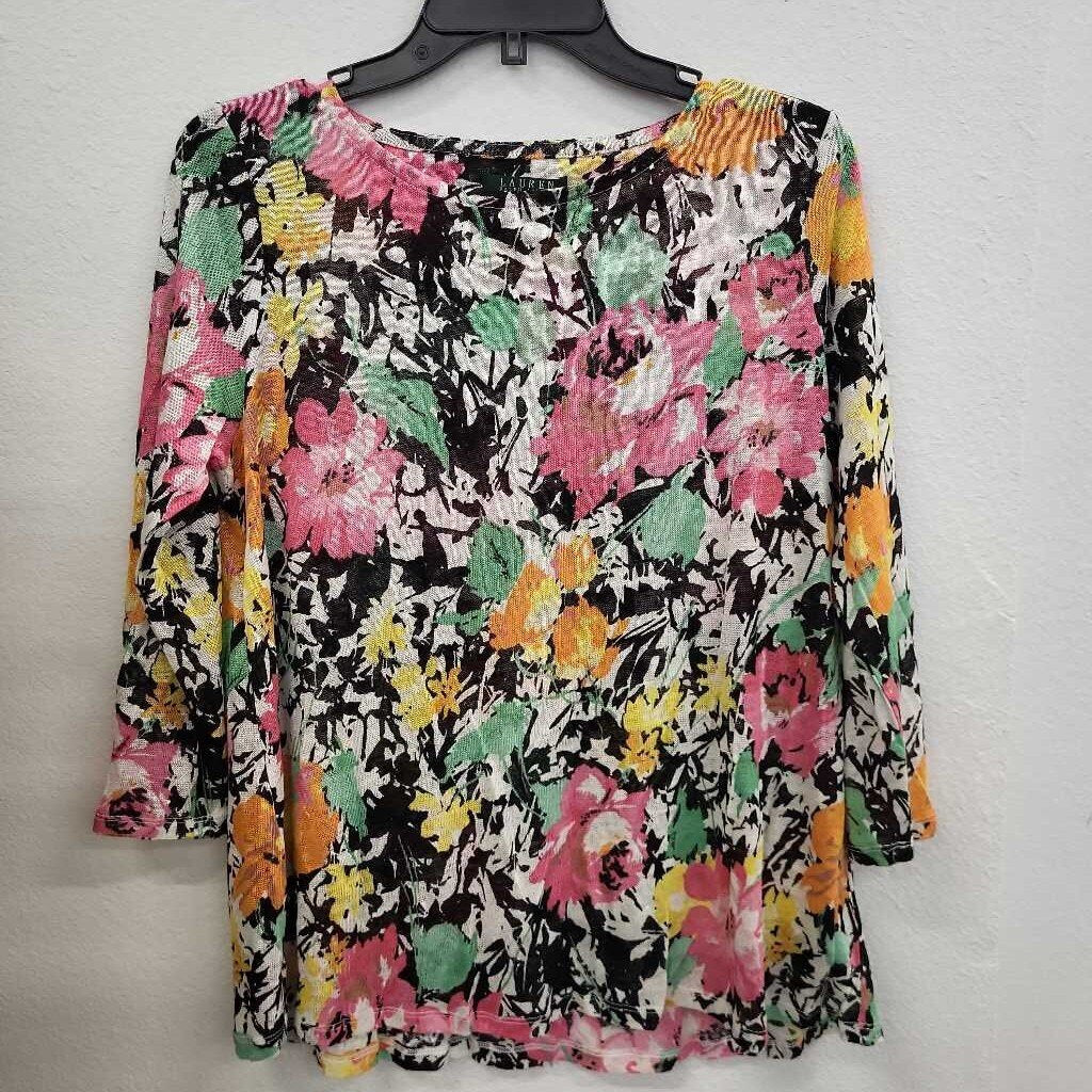 Lauren Ralph Lauren 100% Linen Floral Print 3/4 Slv Blouse