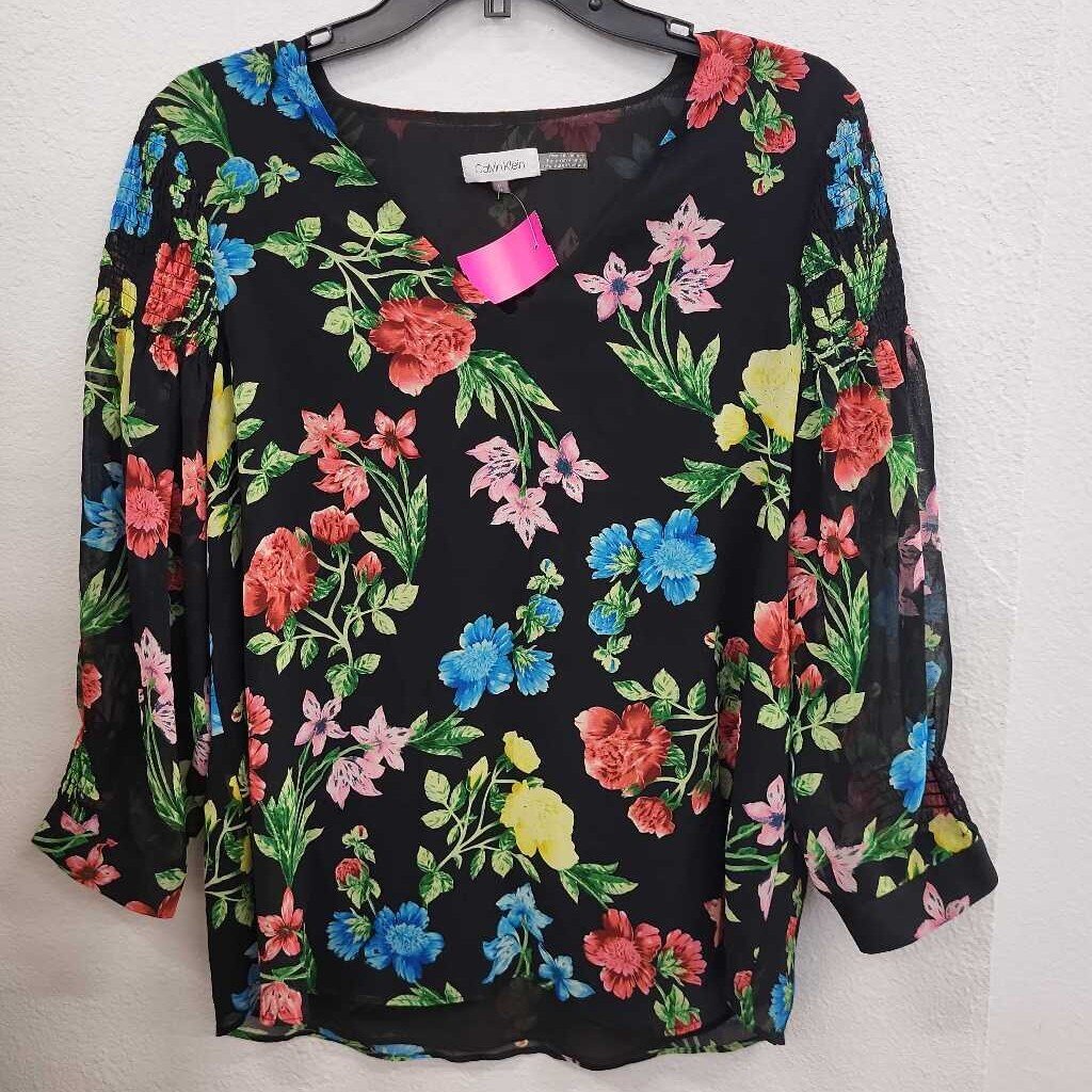 Calvin Klein Floral Print Sheer Overlay LS Top