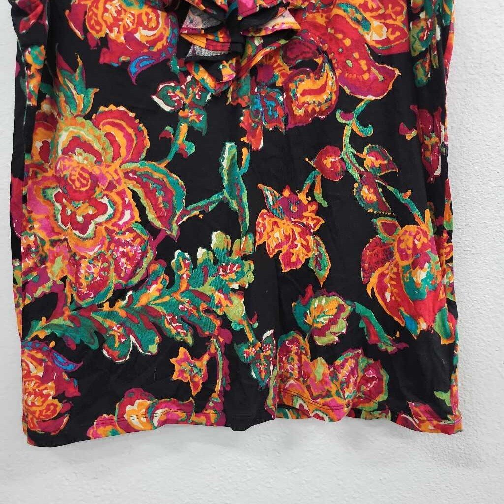 LRL Floral Print SL Pleated Collar Top