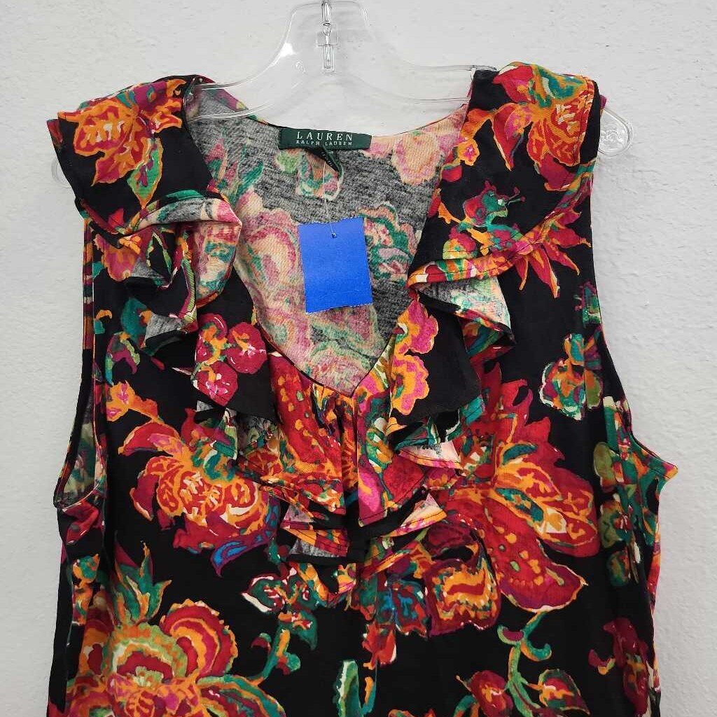 LRL Floral Print SL Pleated Collar Top