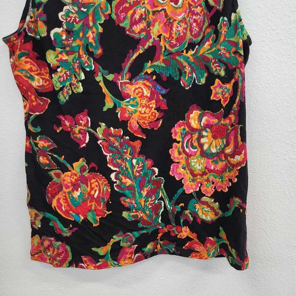 LRL Floral Print SL Pleated Collar Top