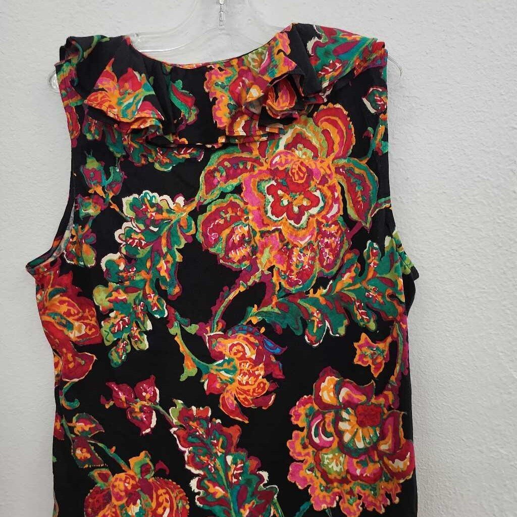 LRL Floral Print SL Pleated Collar Top