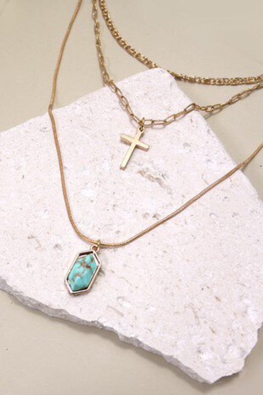 CROSS STONE MULTI LAYER CHAIN NECKLACE