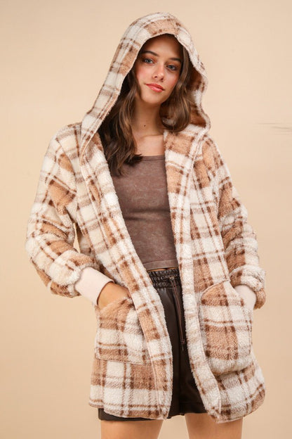 Oversized Faux Fur Tunic Hooded Printed Jacket