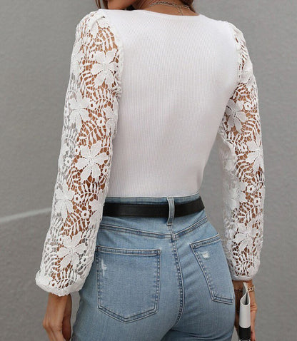 Floral Lace Sleeve Ribbed Top