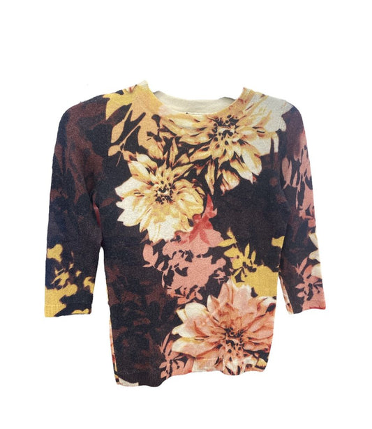 100% Cashmere 3/4 Slv Floral Print