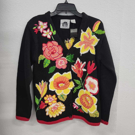 Floral Embroidered Black Cardigan Sweater