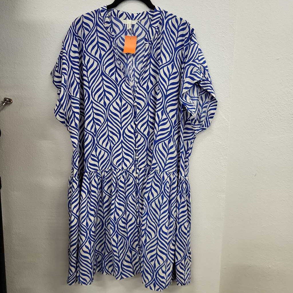 Blue and White Leaf Printed Dress