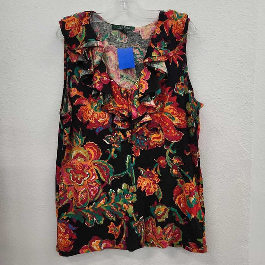 LRL Floral Print SL Pleated Collar Top